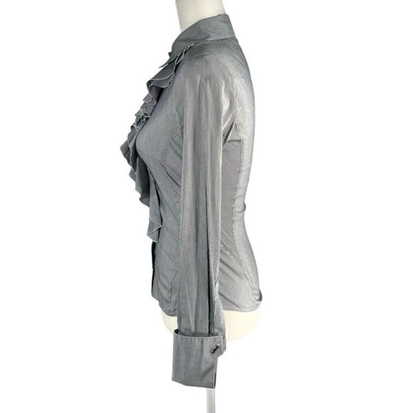 Karen Millen Navy Blue & White Stripe Ruffle Long Sleeve *Blouse Size 2 Small - Picture 5 of 12